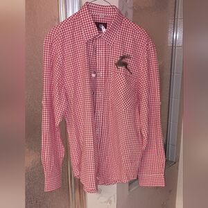 Trachten Octoberfest Holiday Reindeer Shirt Red Gingham Cotton men's medium